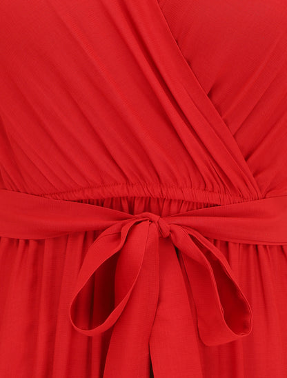 Robe longue unie évasée - Rouge - 3