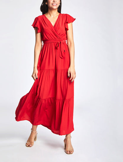 Robe longue unie évasée - Rouge - 4