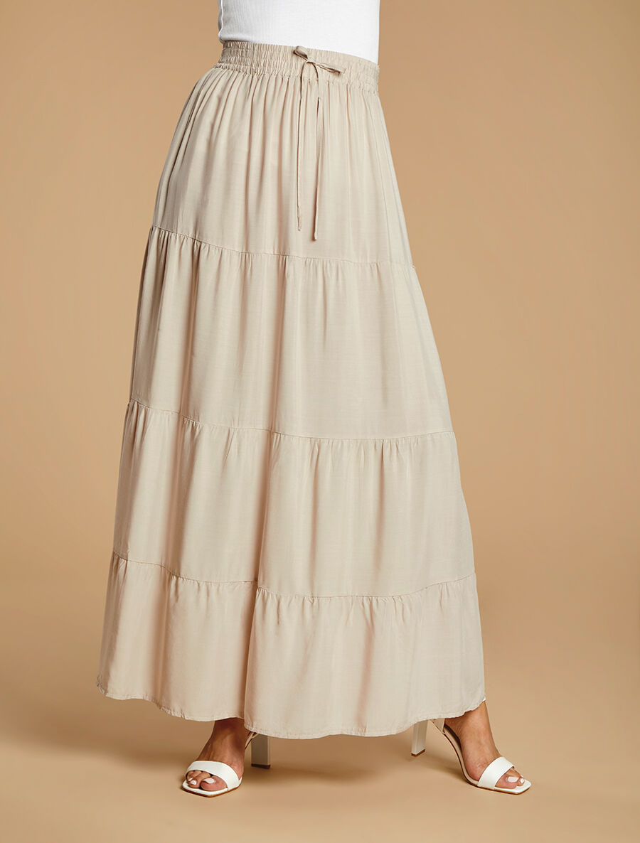 Jupe longue à taille élastiquée - Beige - 4