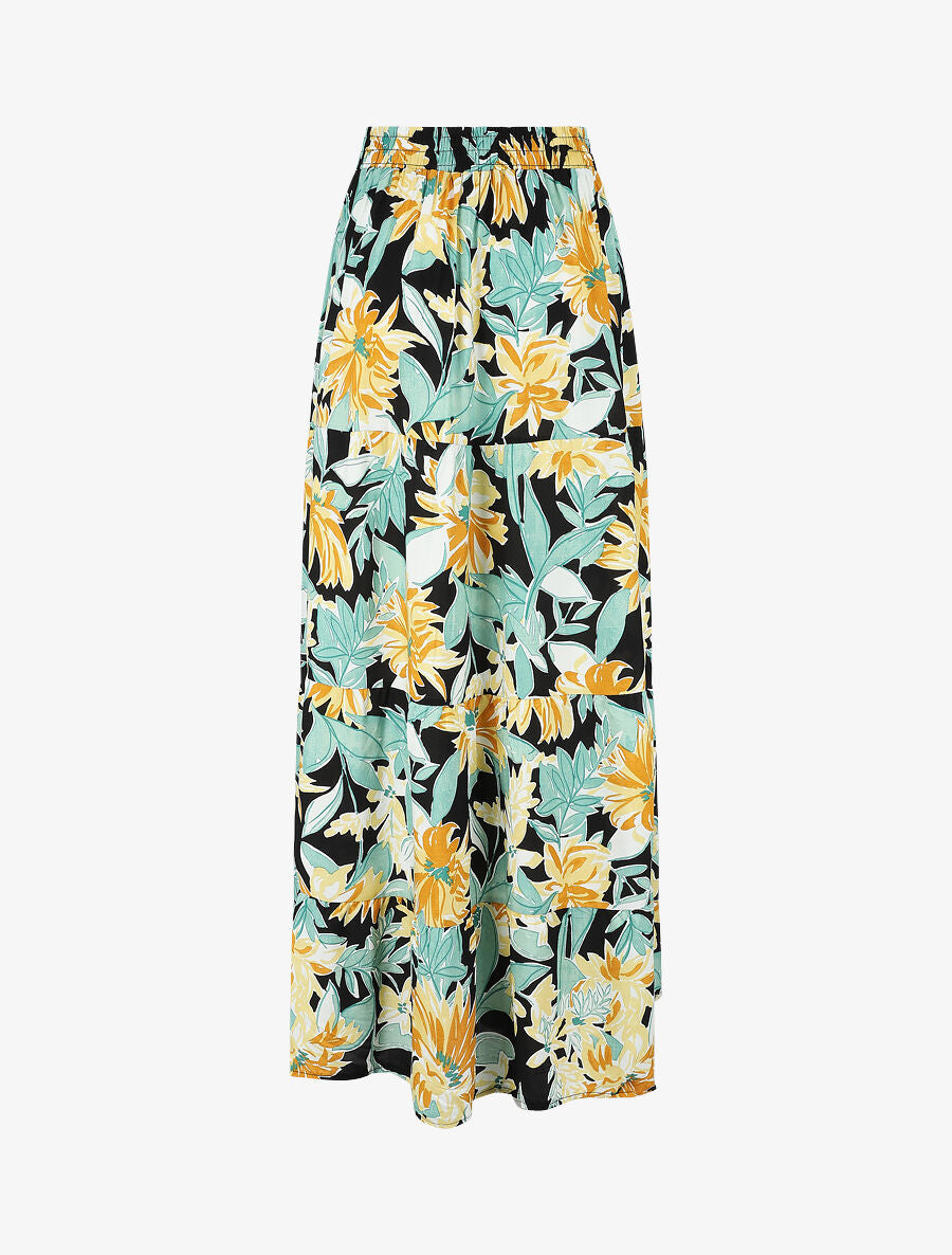 Jupe longue à taille élastiquée à imprimé fleuri - Noir - 2