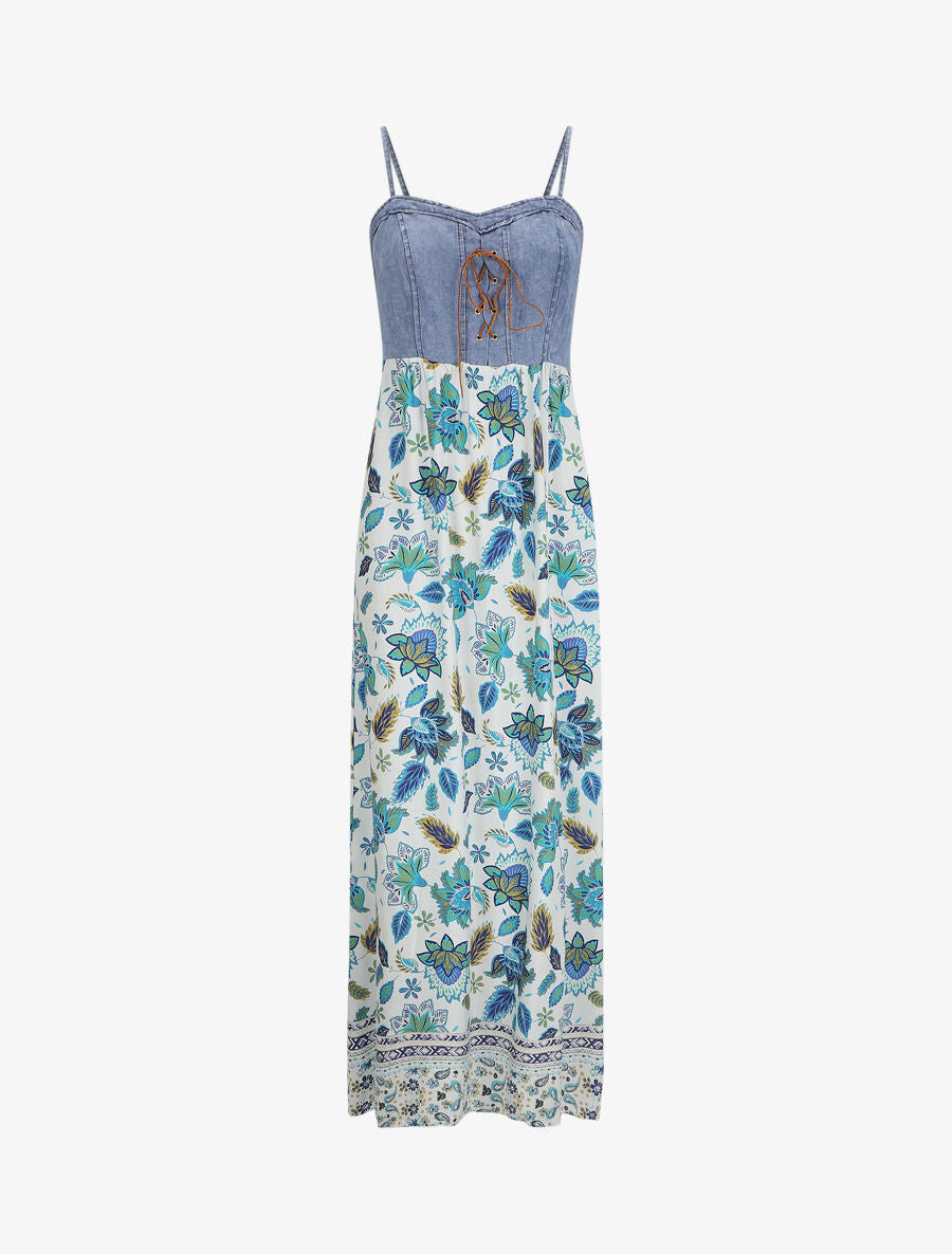 Robe longue corset imprimé fleurs baroques - Blanc/bleu - 4
