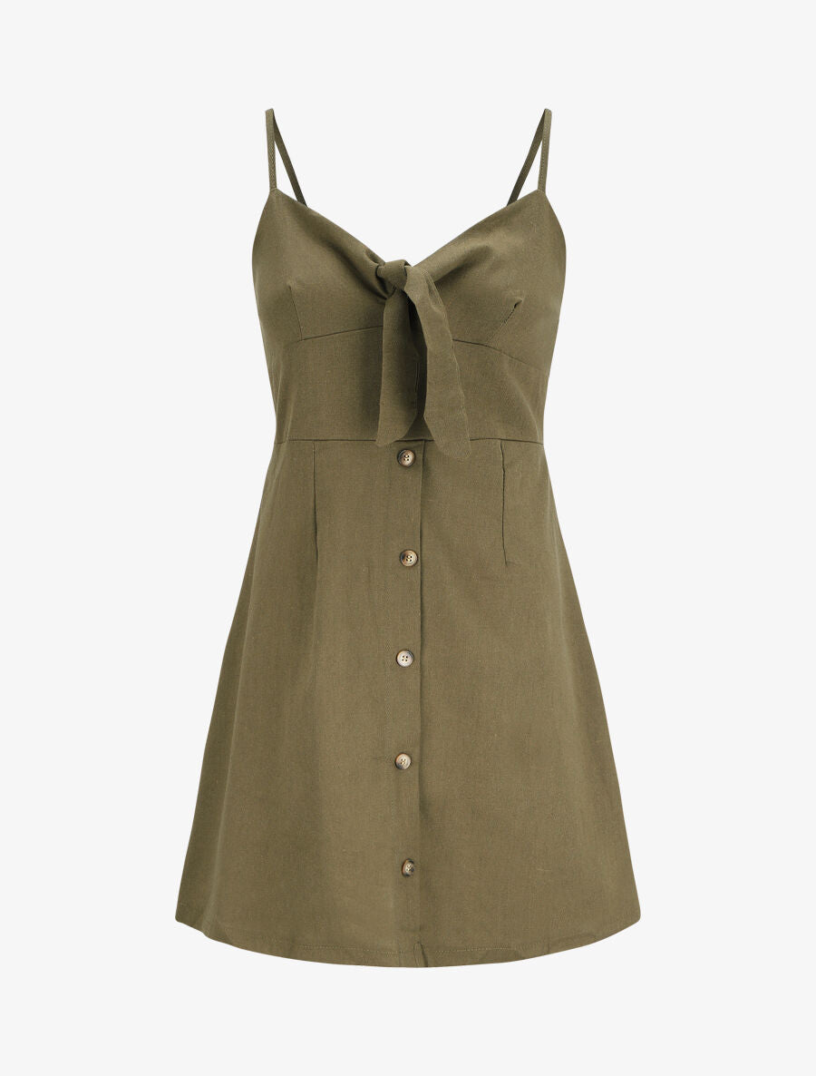 Robe à bretelles et noeud - Kaki - 1