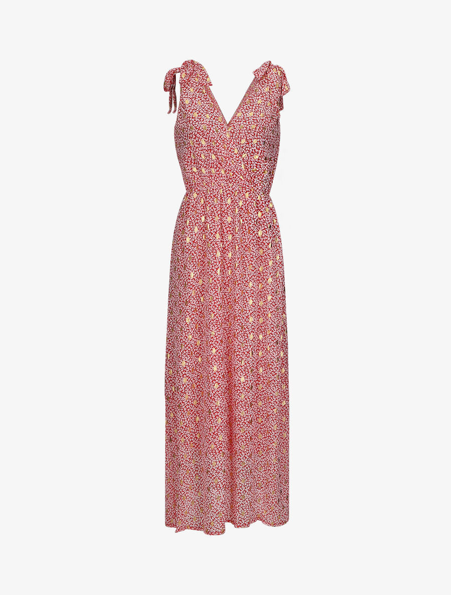 Robe bretelles à noeud imprimé fleuri irisé - Rouge - 1