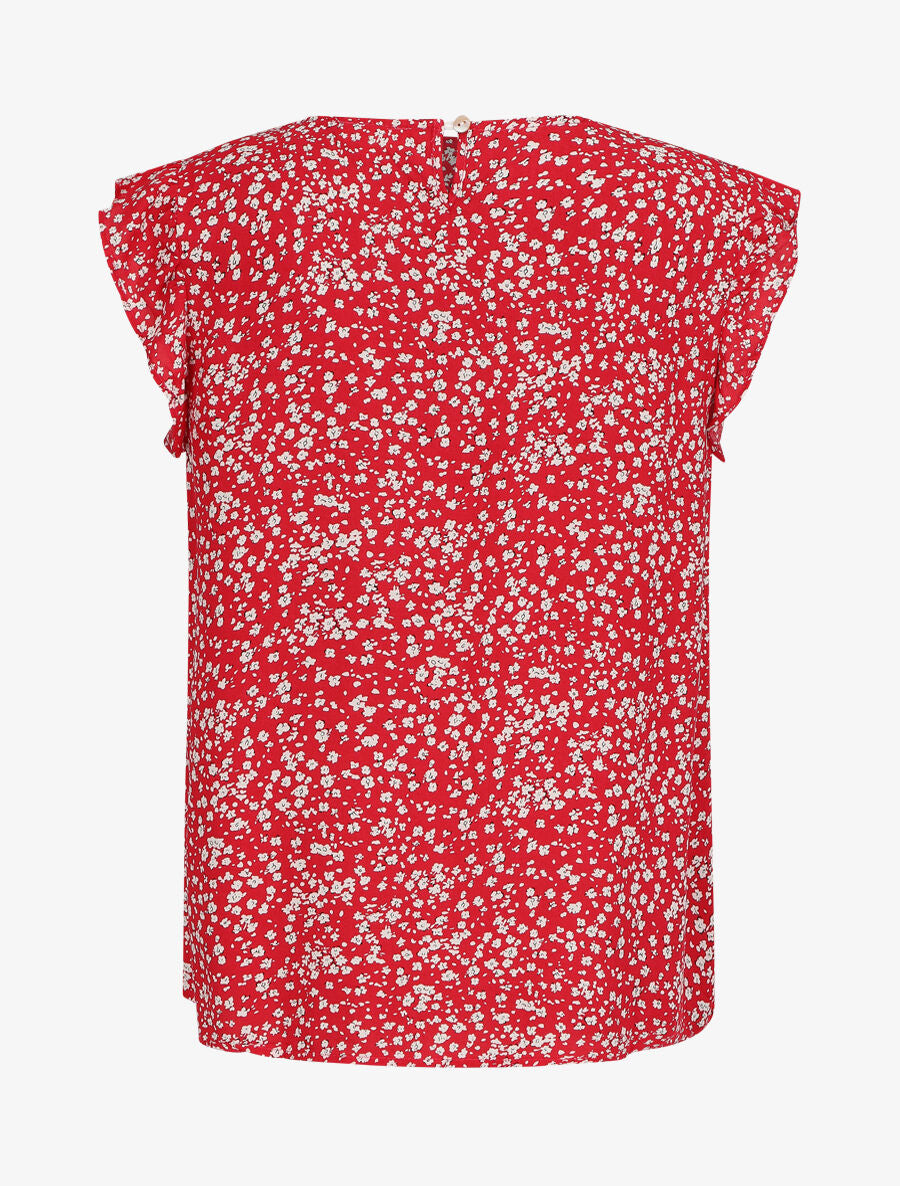 Blouse à imprimé petites fleurs et manches volantées - Rouge - 2
