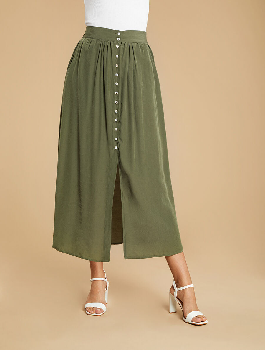 Jupe longue unie boutonnée - Kaki - 4