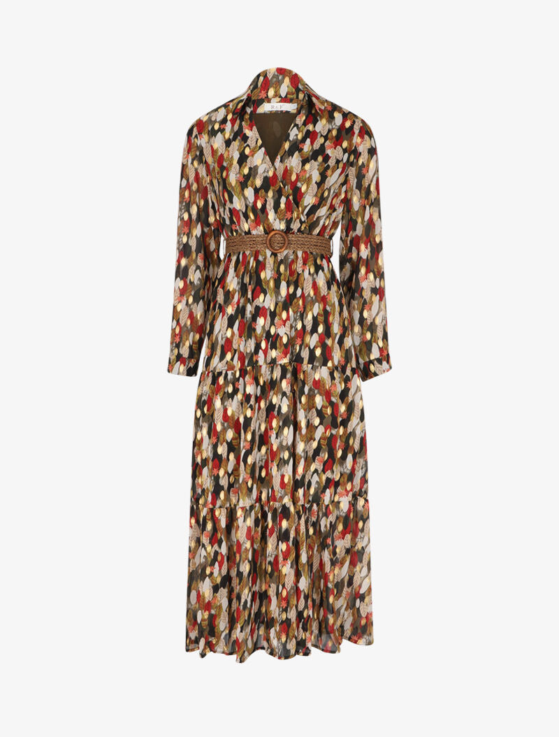 Robe longue à motif feuilles stylisées - Kaki - 1
