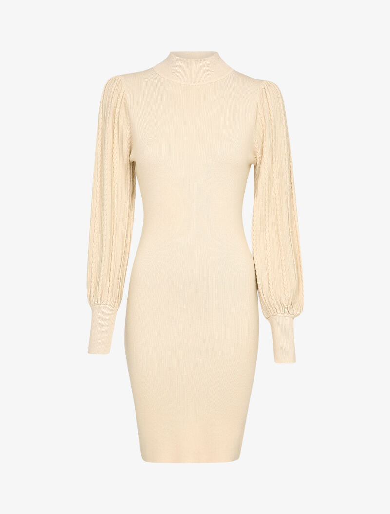 Robe pull à manches bouffantes en maille tressée - Beige - 4