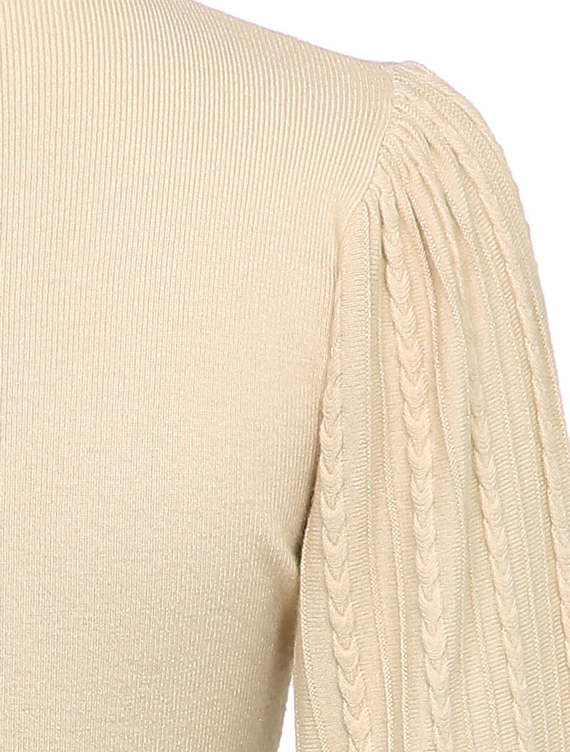 Robe pull à manches bouffantes en maille tressée - Beige - 3
