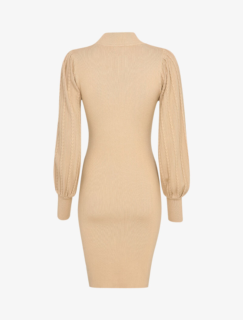 Robe pull à manches bouffantes en maille tressée - Beige foncé - 2