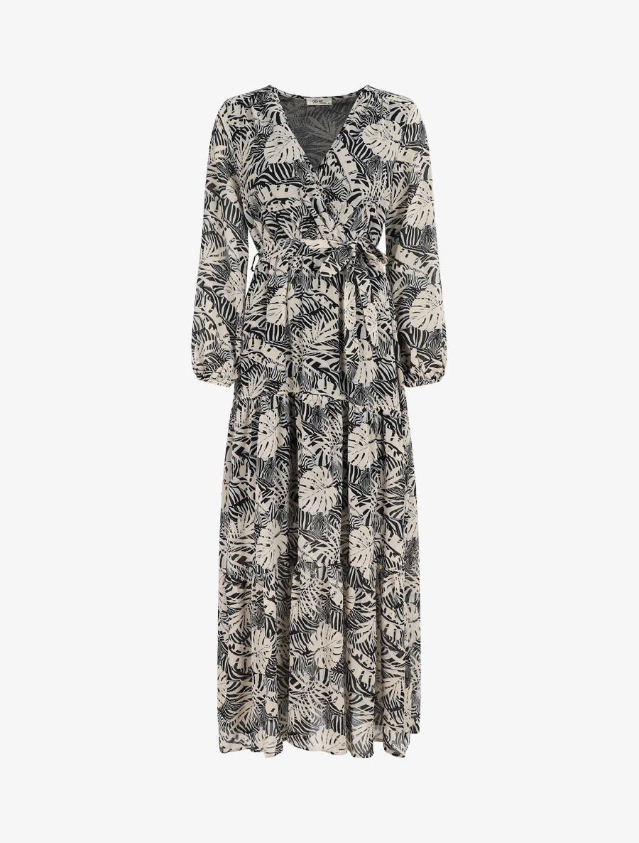 Robe longue en voile imprimé tropical irisé - Noir - 1