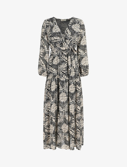 Robe longue en voile imprimé tropical irisé - Noir - 1