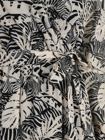 Robe longue en voile imprimé tropical irisé - Noir - 3