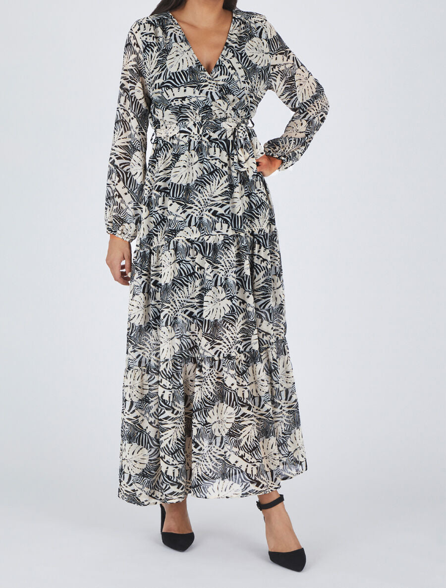 Robe longue en voile imprimé tropical irisé - Noir - 4