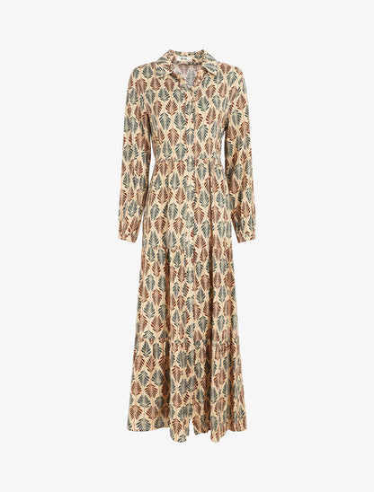 Robe chemise longue imprimé feuilles stylisées - Beige - 1