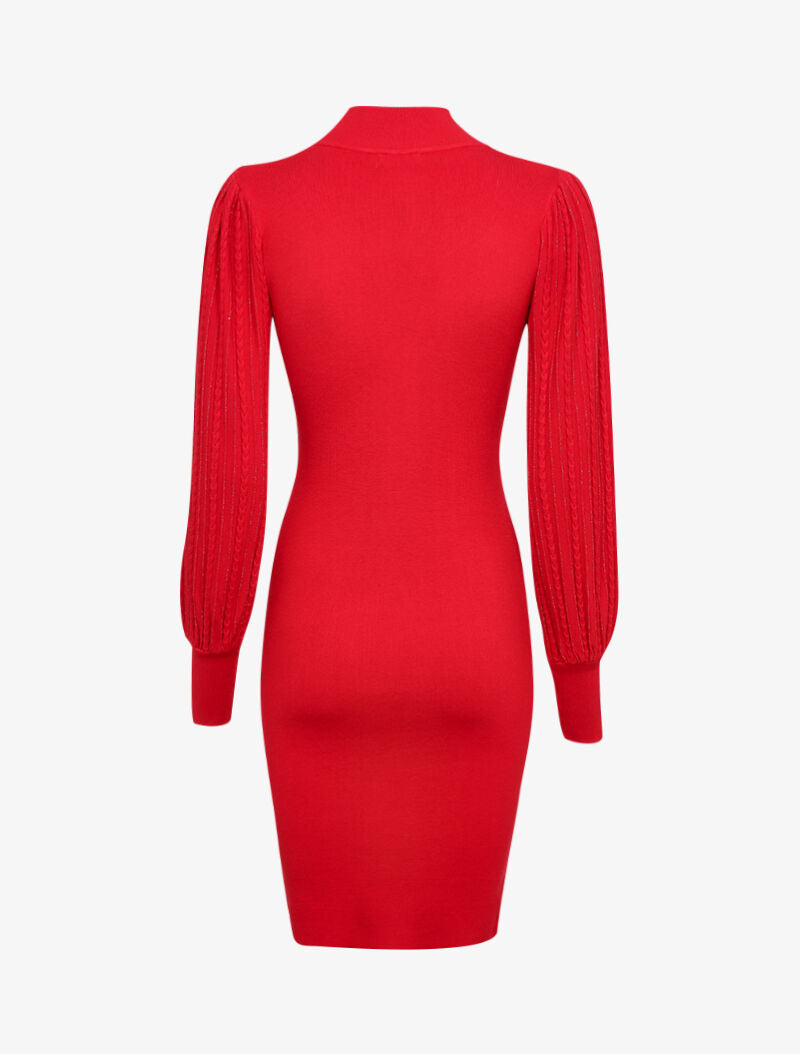 Robe pull à manches bouffantes en maille tressée - Rouge - 2