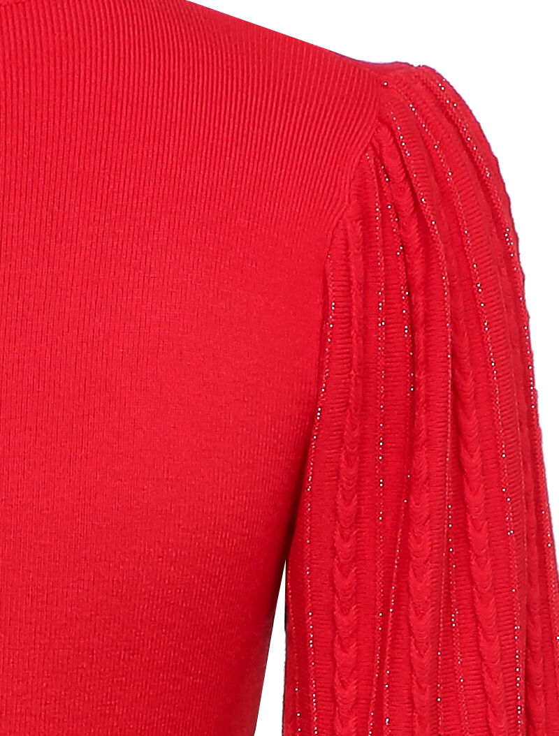 Robe pull à manches bouffantes en maille tressée - Rouge - 3