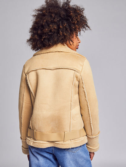 Veste style peau lainée en suédine - Beige - 5