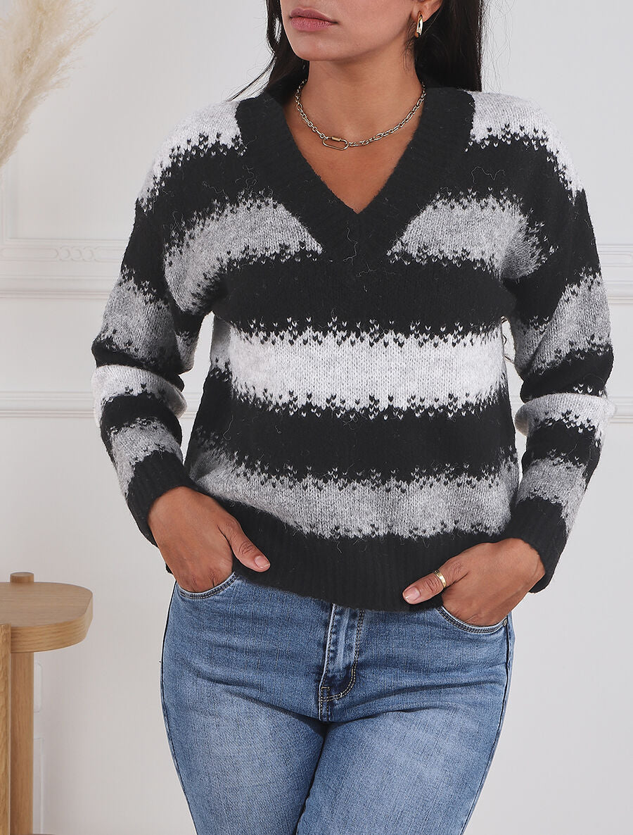 Pull en laine mélangé à motif rayé - Noir - 4