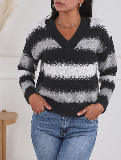 Pull en laine mélangé à motif rayé - Noir - 4