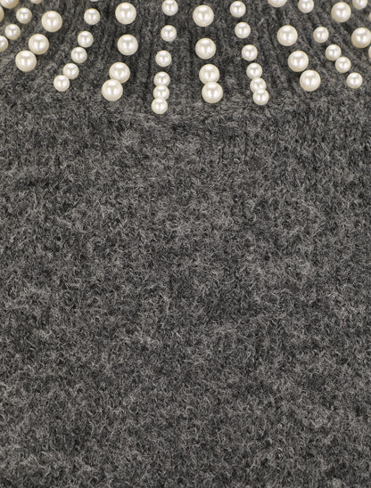 Pull col à perles - Gris - 3