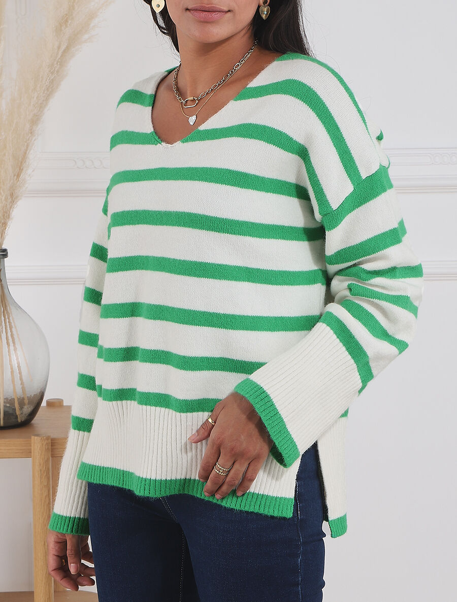 Pull ample rayé à col V - Vert - 4