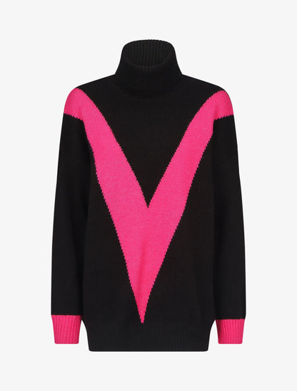 Pull col roulé à motif V - Noir/fushia - 1