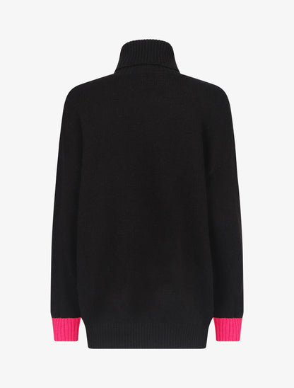 Pull col roulé à motif V - Noir/fushia - 2