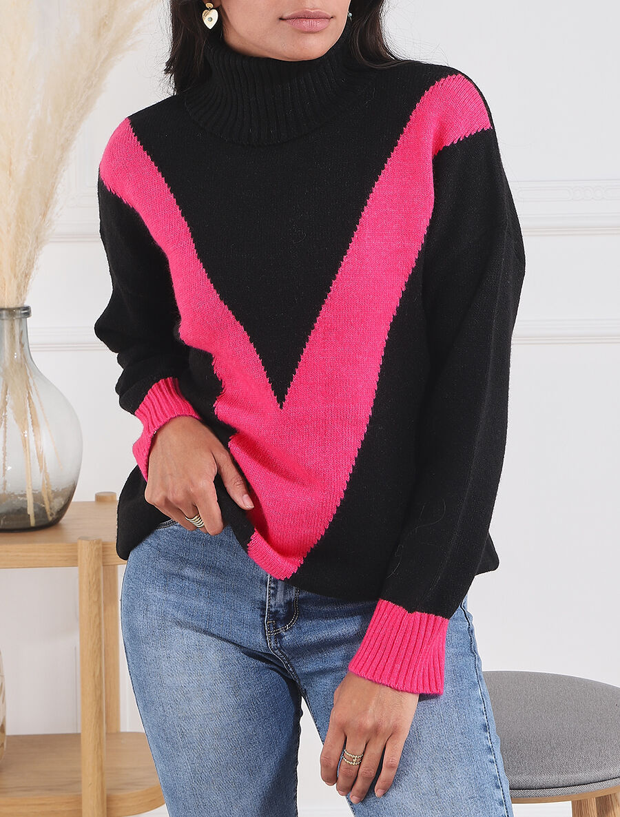 Pull col roulé à motif V - Noir/fushia - 4