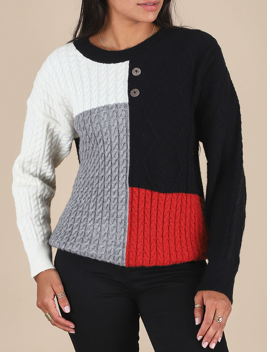 Pull col rond à motif quadrillé et boutons décoratifs - Noir - 4