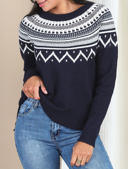 Pull col rond à motif norvégien - Marine - 4