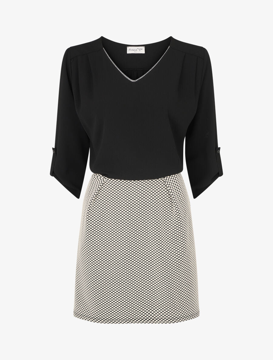 Robe droite imprimé graphique bi-matière - Noir - 1