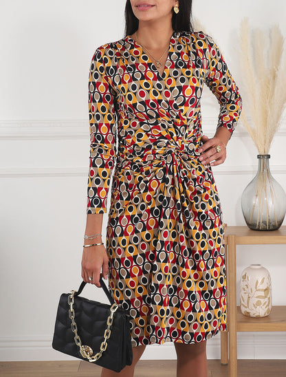 Robe ajustée drapée imprimé pois stylisés - Moutarde - 4
