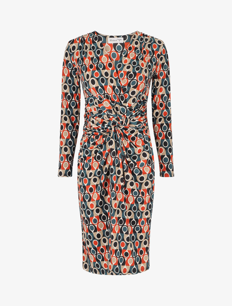 Robe ajustée drapée imprimé pois stylisés - Bleu canard - 1