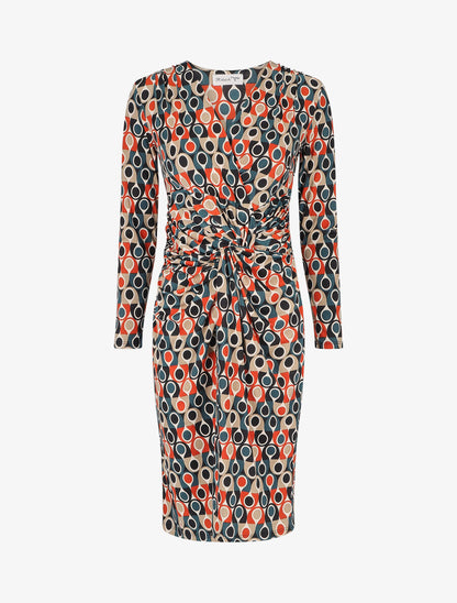 Robe ajustée drapée imprimé pois stylisés - Bleu canard - 1