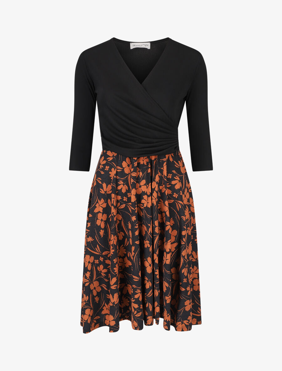 Robe patineuse drapée et fleuri - Noir/marron - 1