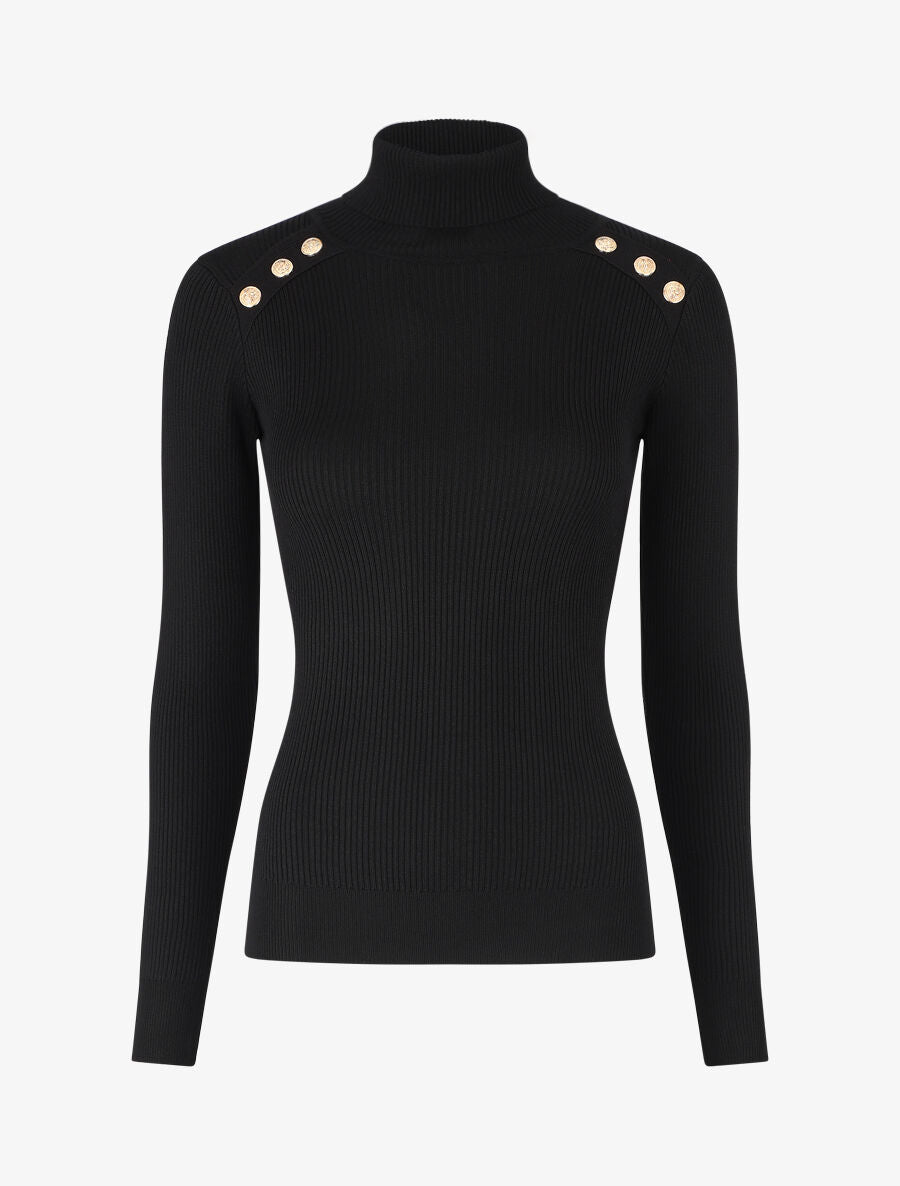 Pull col roulé à boutons - Noir - 1
