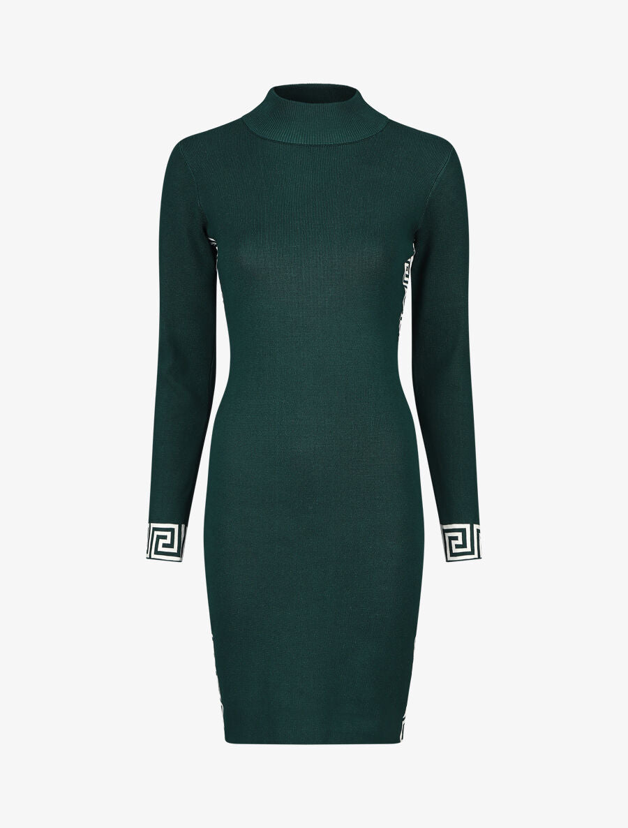 Robe pull à col montant et motifs grec - Vert - 1