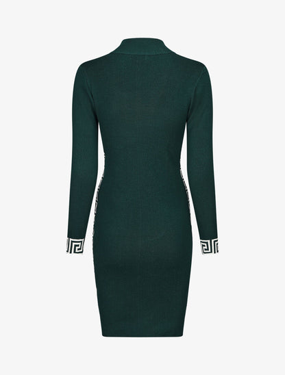 Robe pull à col montant et motifs grec - Vert - 2