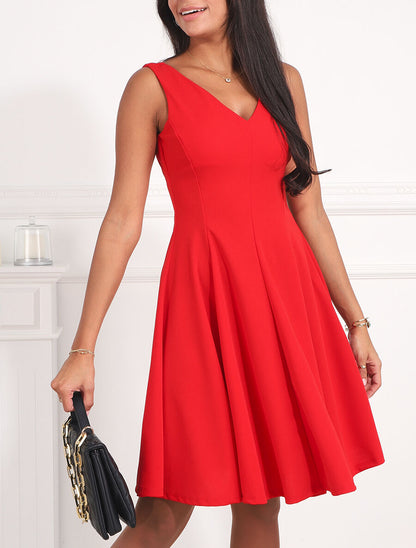 Robe patineuse unie à col V - Rouge - 4