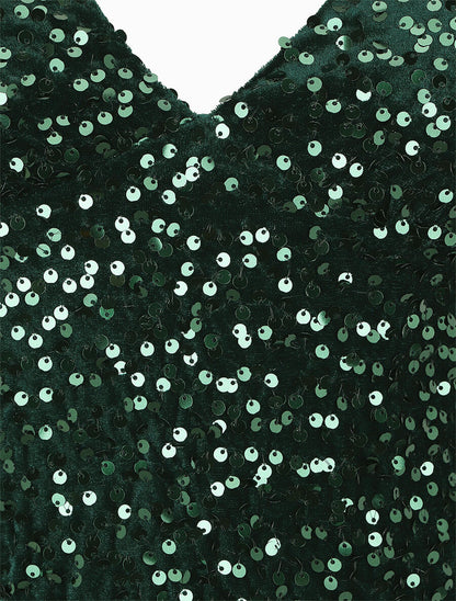 Robe courte en velours à sequins - Vert foncé - 3