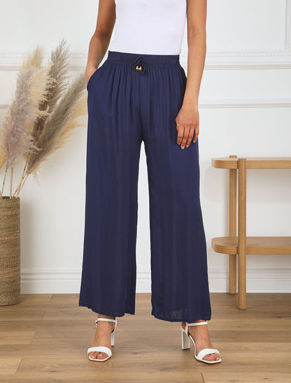 Pantalon fluide coupe droite taille haute - Marine - 4