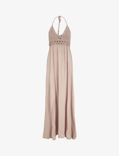 Robe longue dos-nu et broderies - Taupe - 2