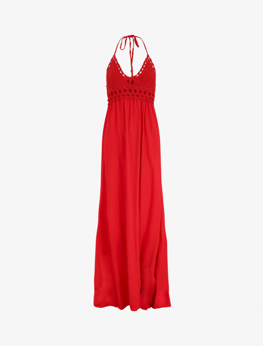 Robe longue dos-nu et broderies - Rouge - 1