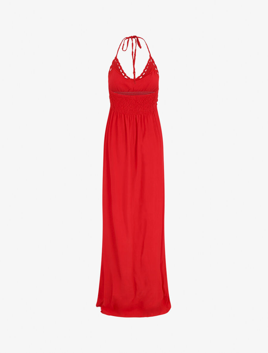 Robe longue dos-nu et broderies - Rouge - 2