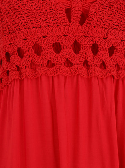 Robe longue dos-nu et broderies - Rouge - 3
