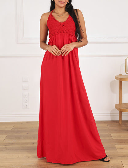 Robe longue dos-nu et broderies - Rouge - 4