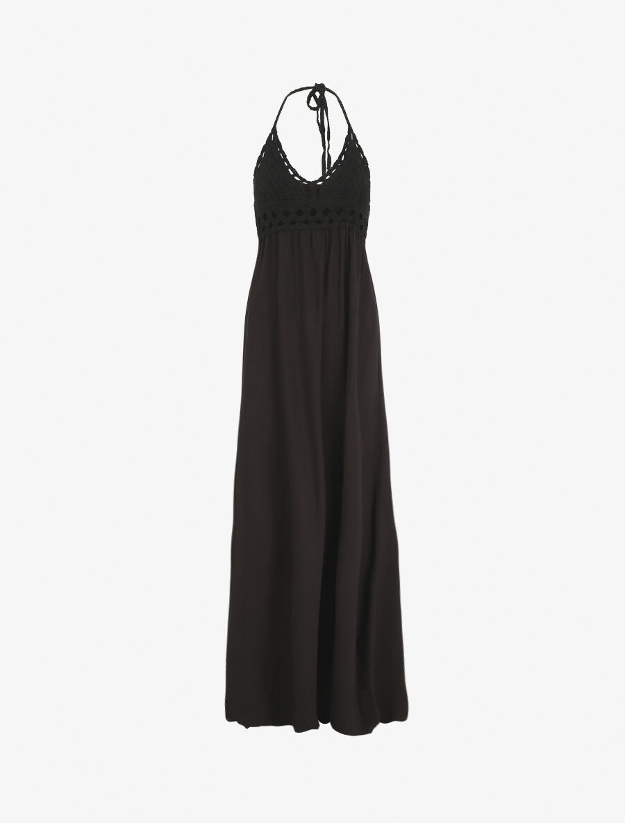 Robe longue dos-nu et broderies - Noir - 1