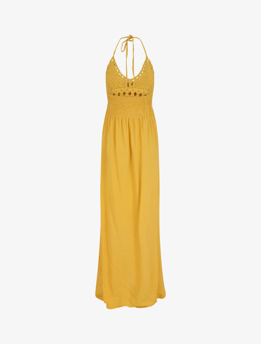 Robe longue dos-nu et broderies - Jaune - 3