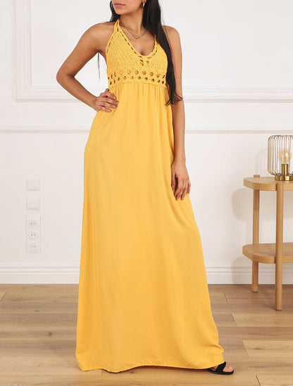 Robe longue dos-nu et broderies - Jaune - 1
