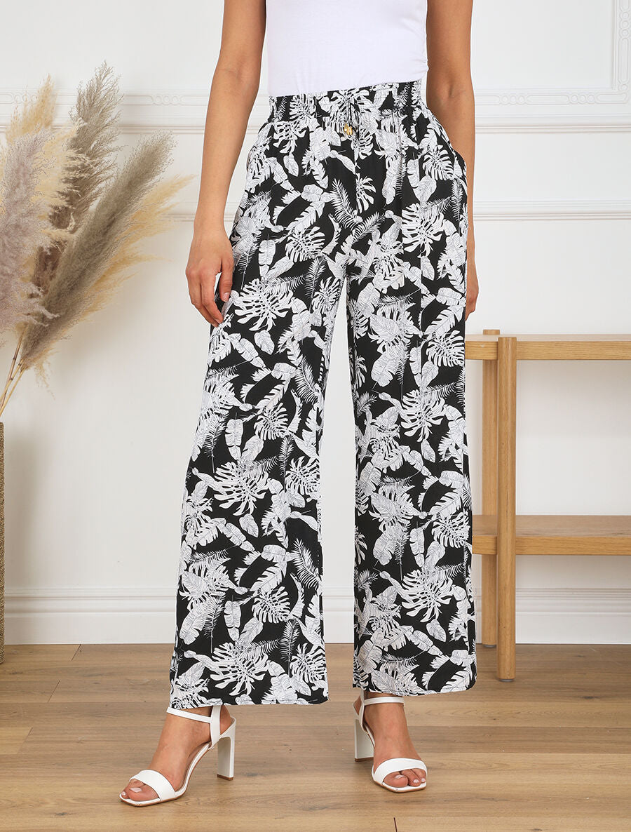 Pantalon ample imprimé feuillage à taille élastiquée - Noir - 4